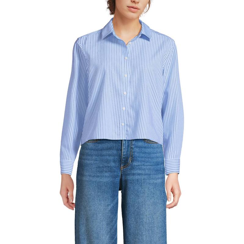 ランズエンド レディース トップス Tシャツ クロップド Women's Lands' End Boxy Cropped Shirt Blue Sky Thin Stripe ブルー｜ReVida 店