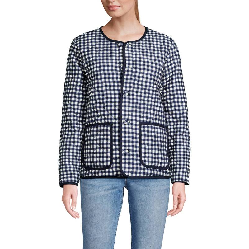 ランズ挙げ句の果て レディース アウター 上衣・上衣 キルティング Women\u0027s Lands\u0027 End Quilted Reversible Jacket Navy Gingham 米国海軍