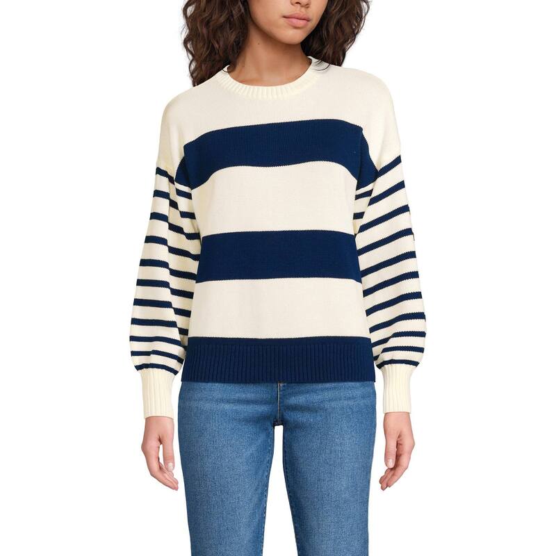 ランズエンド レディース アウター ニット・セーター クルーネック プチ ジャージー Petite Lands' Endrifter Jersey Crewneck Sweater Navy Ivory Stripe アイボリー