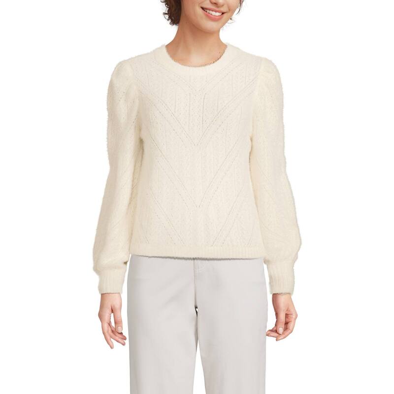 ランズエンド レディース アウター ニット・セーター Women's Lands' End Eyelash Fuzzy Pointelle Puff Sleeve Sweater Fresh Ivory アイボリー｜ReVida 店