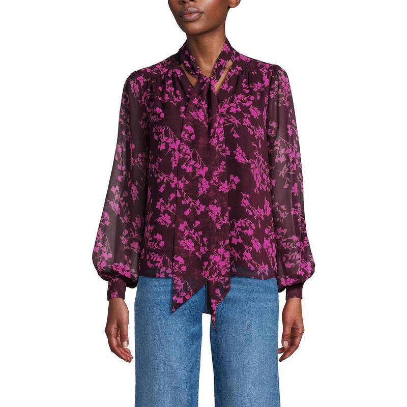 ランズエンド レディース トップス Tシャツ シフォン ブラウス Women's Lands' End Chiffon Removable Tie Neck Blouse Burgundy Wildflowers バーガンディ
