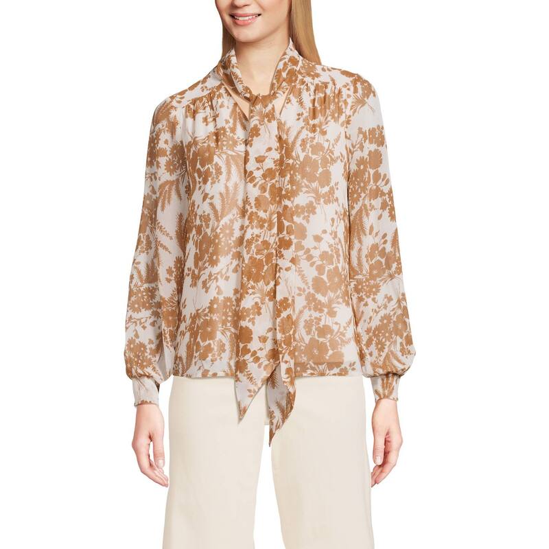 ランズエンド レディース トップス Tシャツ シフォン ブラウス Women's Lands' End Chiffon Removable Tie Neck Blouse Pink Wildflowers ピンク