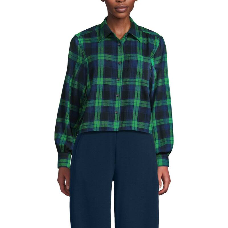 ランズ挙げ句の果て レディース トップス プルオーバー クロップド Women\u0027s Lands\u0027 End Cropped Flannel Shirt Clover Navy Plaid 米国海軍