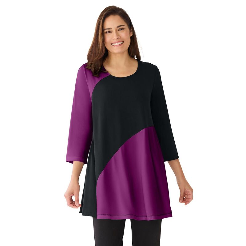ウーマン ウィズイン レディース トップス Tシャツ プラスサイズ カラーブロック ニット Woman Within Plusize Knit Colorblock Tunic Plum Purple Black ブラック