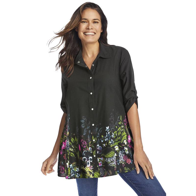 ウーマン ウィズイン レディース トップス Tシャツ プラスサイズ Woman Within Plusize Snap Swing Pocketunic Black Enchanted Garden ブラック