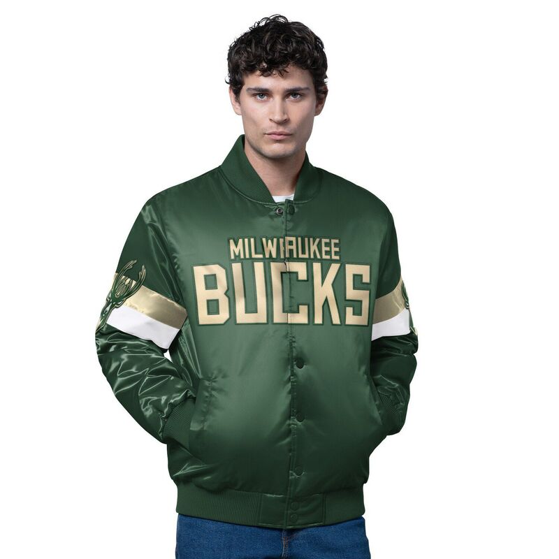 スターター メンズ アウター ジャケット・ブルゾン サテン Men'starter Hunter Green Milwaukee Bucks Triple Option Varsity Full-Snap Satin Jacket Buk Multi マルチカラー｜ReVida 店