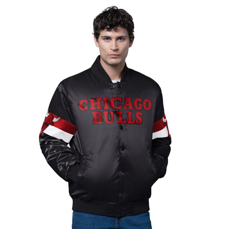 スターター メンズ アウター ジャケット・ブルゾン サテン Men'starter Black Chicago Bulls Triple Option Varsity Full-Snap Satin Jacket Bul Black ブラック