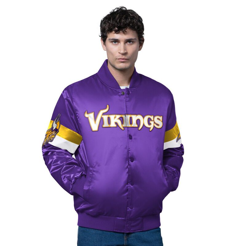 スターター メンズ アウター ジャケット・ブルゾン サテン Men'starter Purple Minnesota Vikings Triple Option Satin Varsity Full-Snap Jacket Mvk Purple パープル｜ReVida 店