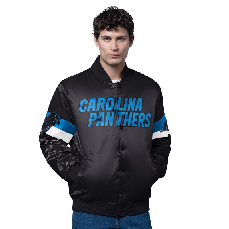 スターター メンズ アウター ジャケット・ブルゾン サテン Men'starter Black Carolina Panthers Triple Option Satin Varsity Full-Snap Jacket Pth Black ブラック｜ReVida 店