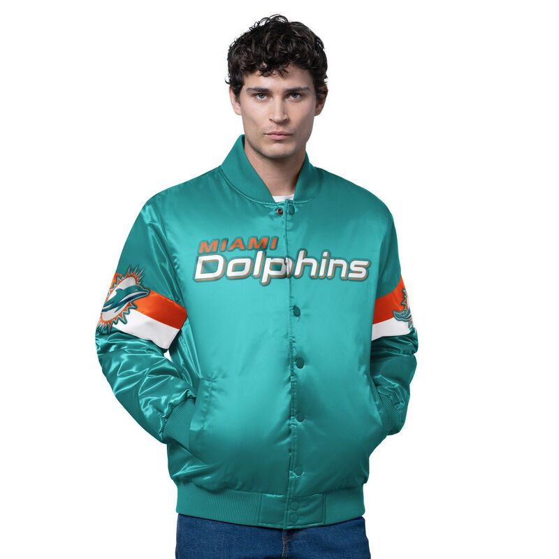 スターター メンズ アウター ジャケット・ブルゾン サテン Men'starter Aqua Miami Dolphins Triple Option Satin Varsity Full-Snap Jacket Dol Turq A アクア｜ReVida 店