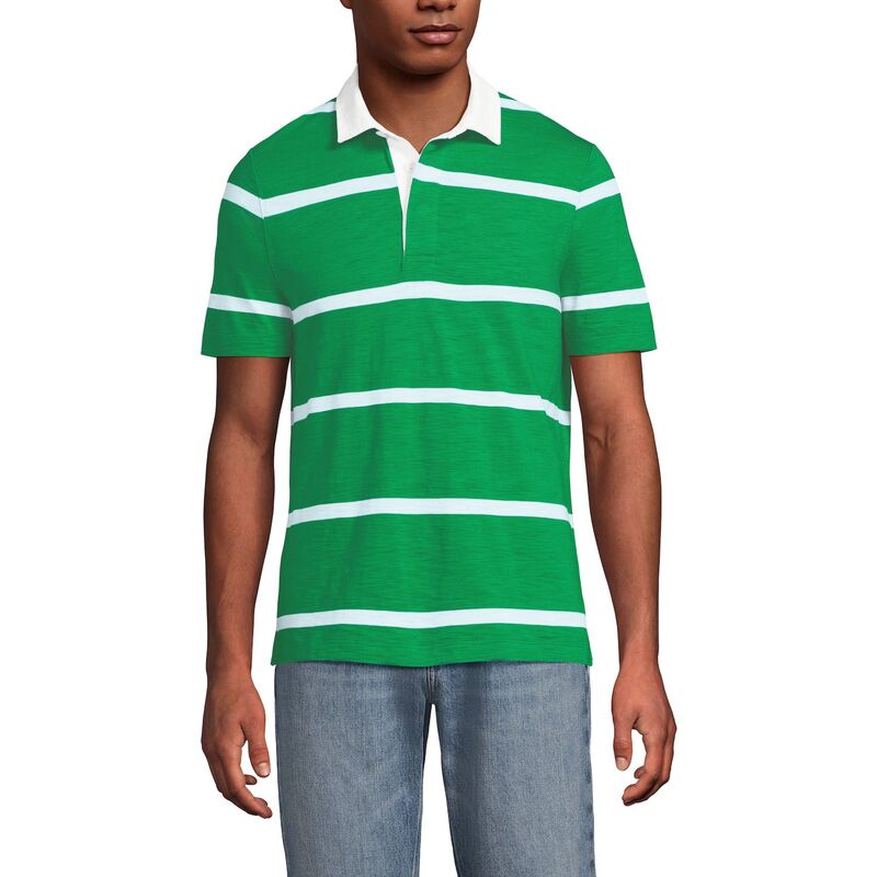 ランズエンド メンズ トップス Tシャツ ポロシャツ Men's Lands' End Short Sleeve Slub Textured Rugby Polo Green Blue Stripe ブルー