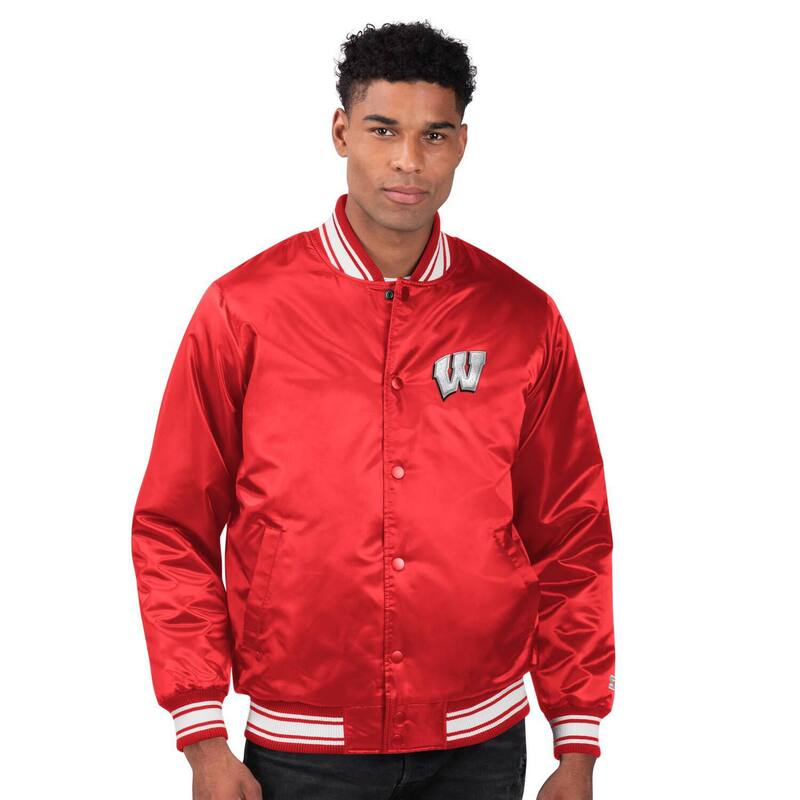 スターター メンズ アウター ジャケット・ブルゾン サテン Men'startered Wisconsin Badgers Core Satin Varsity Full-Snap Jacket Wis Red レッド｜ReVida 店
