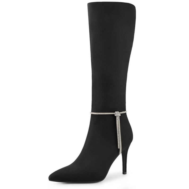 アレグラ ケー レディース シューズ ブーツ・レインブーツ ヒール ALLEGRA K Women's Rhinestone Crystal Chain Pointed Toe Stiletto Heels Knee High Boots Black ブラック