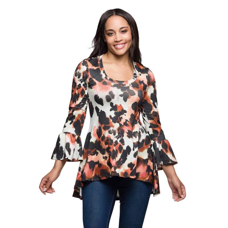 24 セブンコンフォート レディース トップス Tシャツ アニマル柄 プリント Women's 24Seven Comfort Apparel Animal Print Scoop Neck Bell Sleeve Tunic Top Brown Multi ブラウン