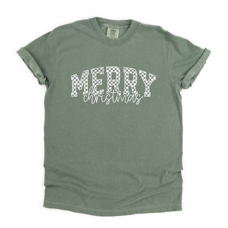 Simply Sage Market レディース トップス ティーシャツ Simply Sage Market Merry Christmas Varsity Checkered - Garment Dyed Tee Moss 照合のしるし Tシャツ・カットソー-トップス