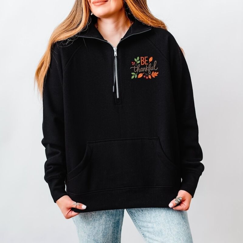 Simply Sage Market レディース トップス Tシャツ ハーフジップ スウェット 刺繍 フリース グラフィック Simply Sage Market Embroidered Be Thankfuleaves - Women's Quarter Zip Fleece Graphic Sweatshirt Black ブラック