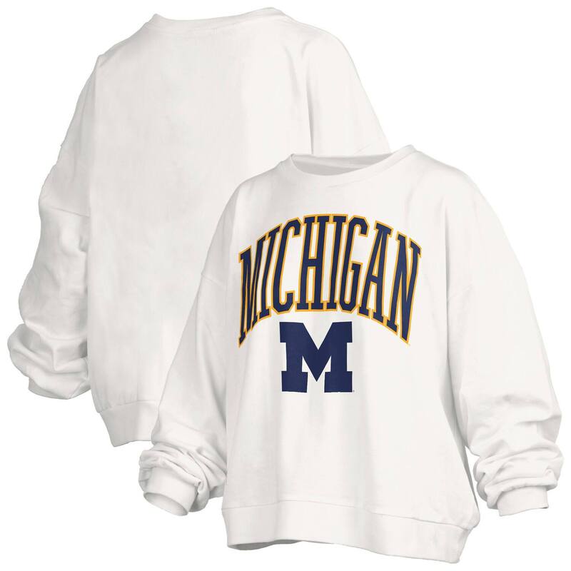 押し付けるボックス席 レディース トップス プルオーバー 流汗 ロゴタイプ Women\u0027s Pressbox White Michigan Wolverines Janise Arch Over Logo Waist Length Oversized Pullover Sweatshirt Mic White 白いこと