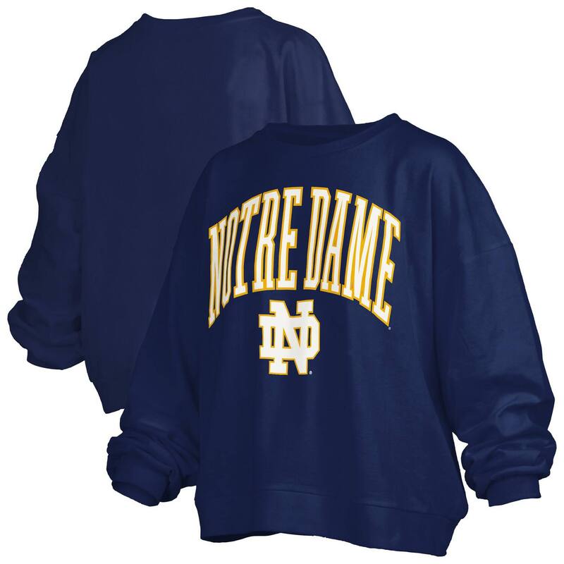 プレスボックス レディース トップス Tシャツ スウェット ロゴ Women's Pressbox Navy Notre Dame Fighting Irish Janise Arch Over Logo Waist Length Oversized Pullover Sweatshirt Ntd Navy ネイビー