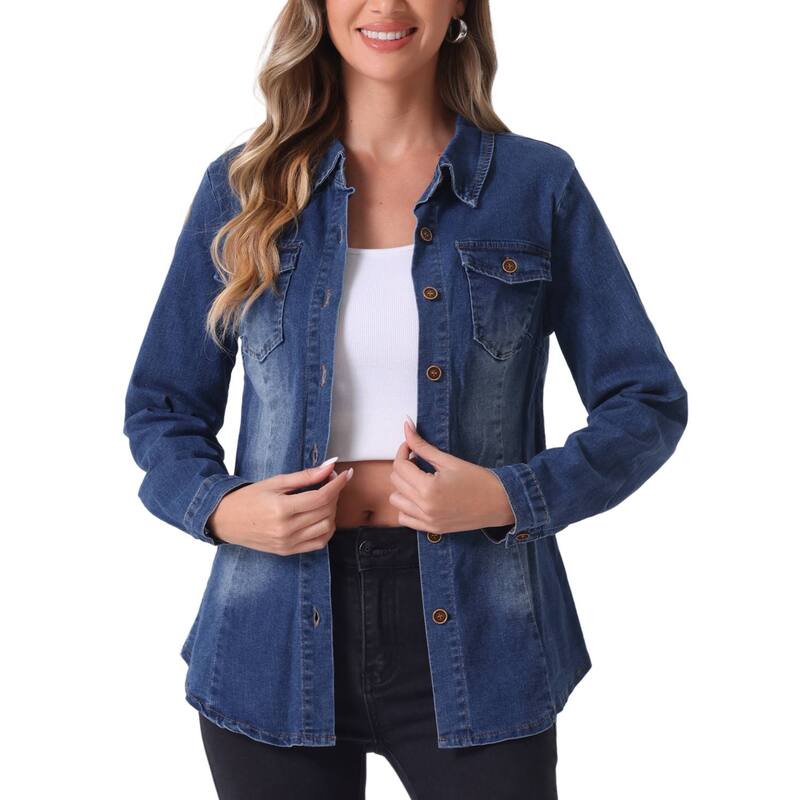 アレグラ ケー レディース トップス シャツ ボタンダウン デニム ALLEGRA K Denim Shirt Women Long Sleeve Button Down Pocketrendy Jean Shirts Denim Tops Blue ブルー｜ReVida 店