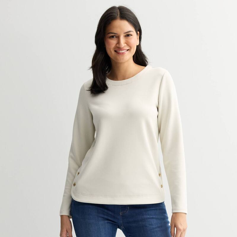 クロフト＆バロー レディース トップス Tシャツ プチ スウェット Petite Croft & Barrow Round Neck Button Sweatshirt Graceful Beige ベージュ
