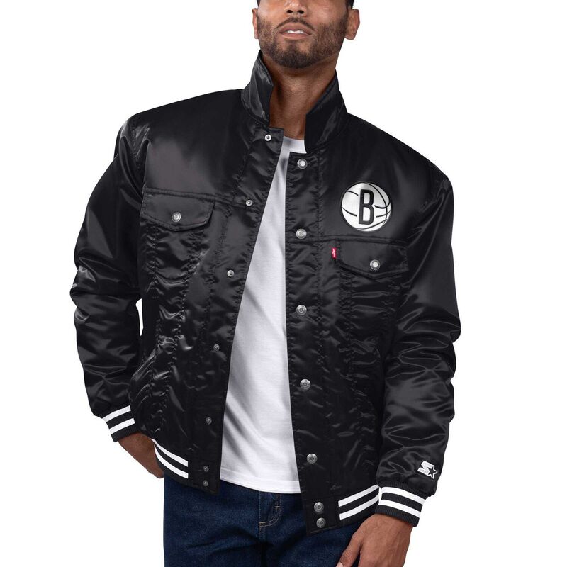 クランク メンズ アウター 上衣・上衣 繻子 Men\u0027starter x Levi\u0027s Black Brooklynetsilver Label Trucker Satin Full-Snap Jacket Net Black 黒いこと コート・ジャケット-メンズファッション