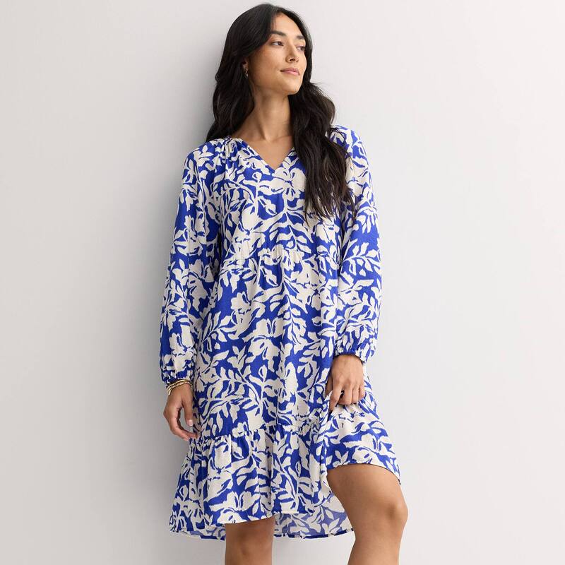 ソノマ レディース トップス ワンピース Vネック シャーリング Women'sonoma Goods For Life Smocked V-Neck Long Sleeve Dress Blue Ikat Floral ブルー