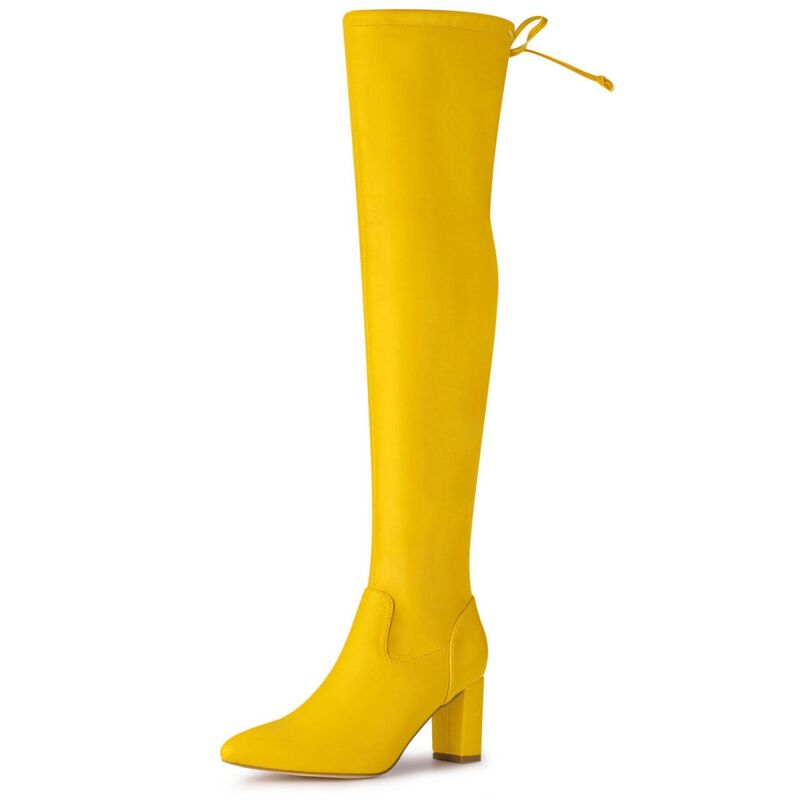 アレグラ ケー レディース シューズ ブーツ・レインブーツ ヒール ALLEGRA K Women's Thigh Block Heels Over Knee High Boots Yellow イエロー