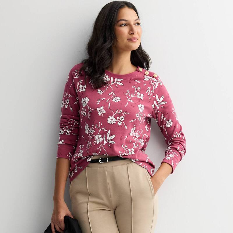 クロフト＆バロー レディース トップス Tシャツ プチ スウェット Petite Croft & Barrow Gold Button Sweatshirt Berry Sketchy Floral ゴールド