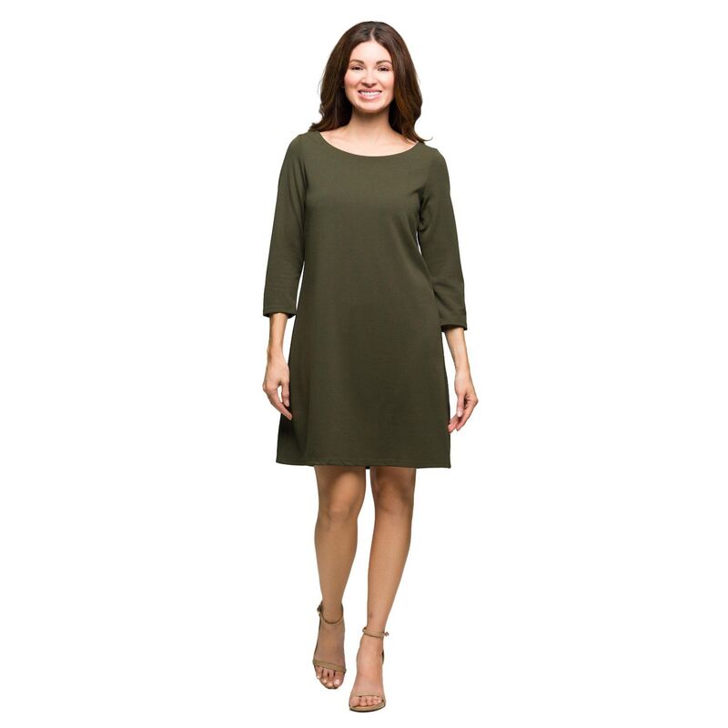 24 セブンコンフォート レディース トップス ワンピース A ライン Women's 24Seven Comfort Apparel Three-Quarter Sleeve A-Line Knee-Length Dress Olive オリーブ｜ReVida 店
