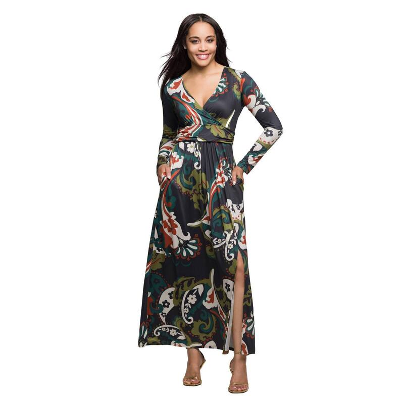 24 セブンコンフォート レディース トップス ワンピース プリント マキシ Women's 24Seven Comfort Apparel Print Long Sleeve Wrap Maxi Dress Green Multi グリーン 18,855円
