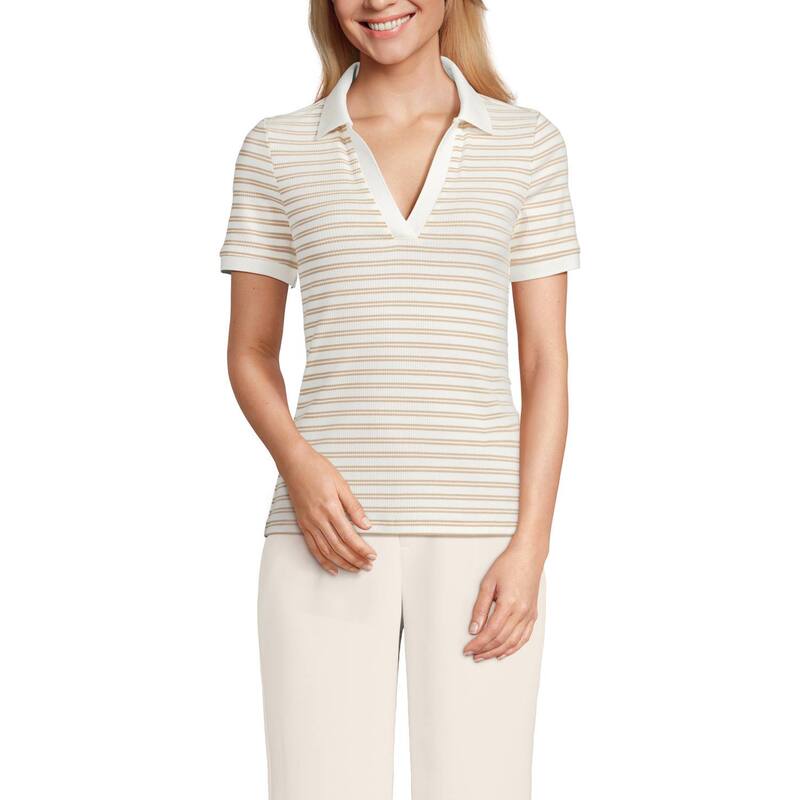 ランズ挙げ句の果て レディース トップス プルオーバー スポーツシャツ プチ Petite Lands\u0027 End Short Sleeve Polished Rib Polo Champagne Stripe 三鞭酒