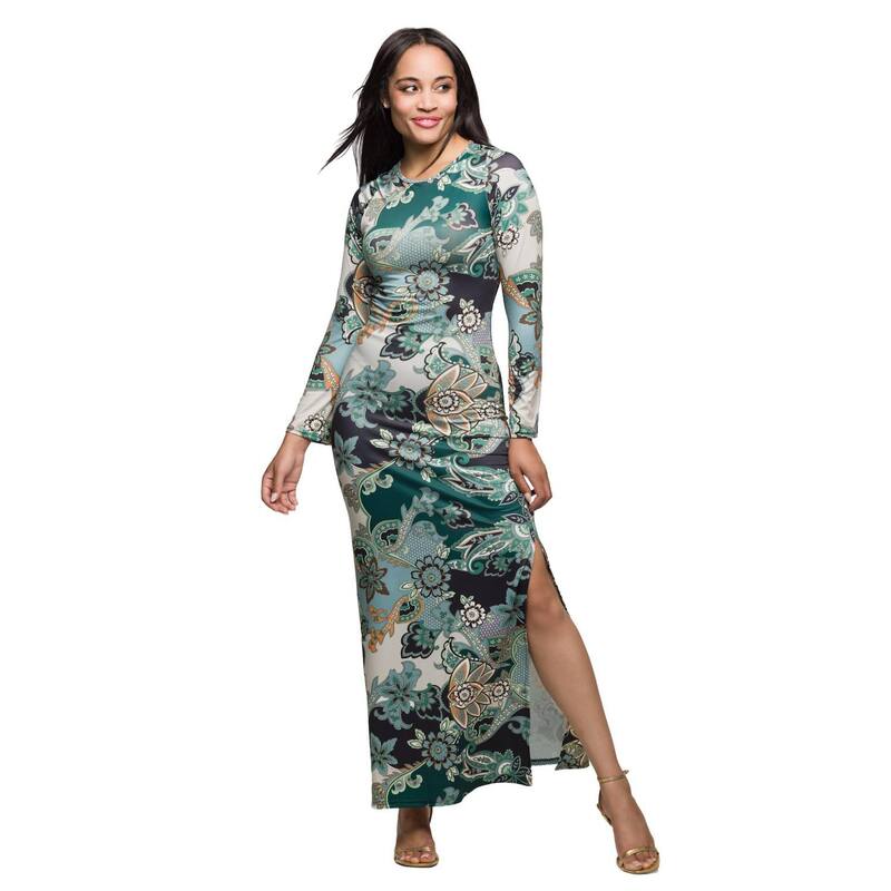 24 セブンコンフォート レディース トップス ワンピース サイドスリット マキシ Women's 24Seven Comfort Apparelong Sleeve Side Slit Maxi Dress Green Multi グリーン