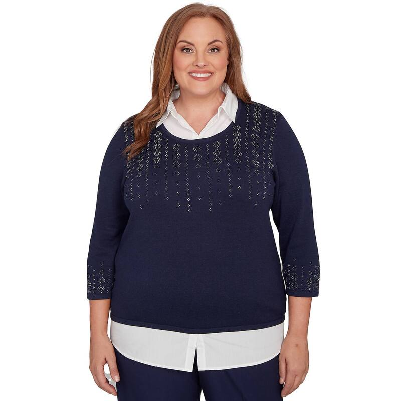 アルフレッド ダナー レディース アウター ニット・セーター プラスサイズ トール Plusize Alfredunner Metallic Studded Textured Two-in-One Sweater Navy ネイビー