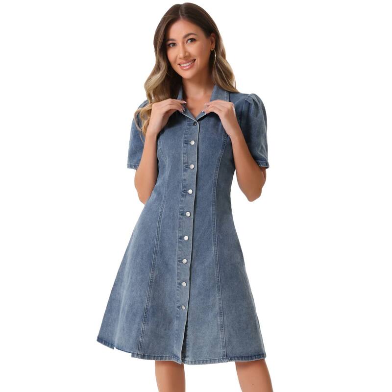 アレグラ ケー レディース トップス ワンピース A ライン ダウン デニム ALLEGRA K Denim Dress for Women's Puffy Sleeve Buttton Down Collared Jean A-Line Dresses Grey Blue グレー|ReVida 店