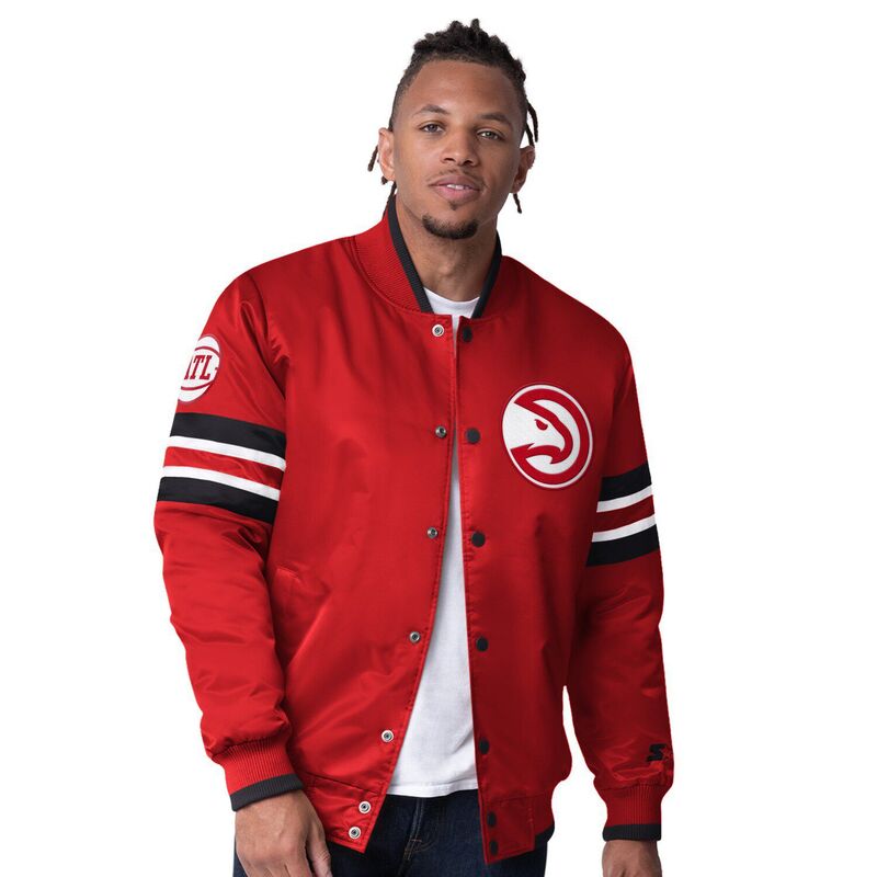 スターター メンズ アウター ジャケット・ブルゾン サテン Men'startered Atlanta Hawkscout Varsity Satin Full-Snap Jacket Haw Red レッド