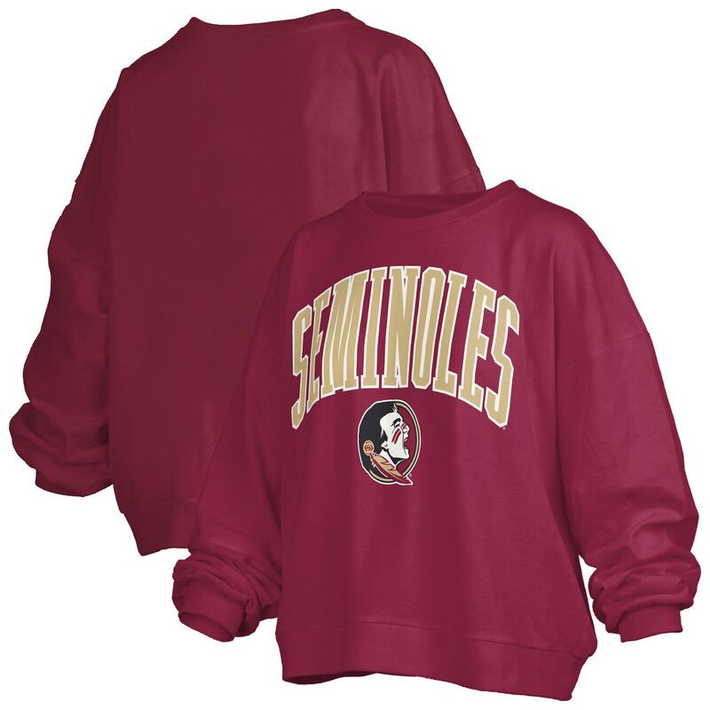 押し付けるボックス席 レディース トップス プルオーバー 流汗 ロゴタイプ Women\u0027s Pressbox Garnet Florida State Seminoles Janise Arch Over Logo Waist Length Oversized Pullover Sweatshirt Fsu Red 赤いこと