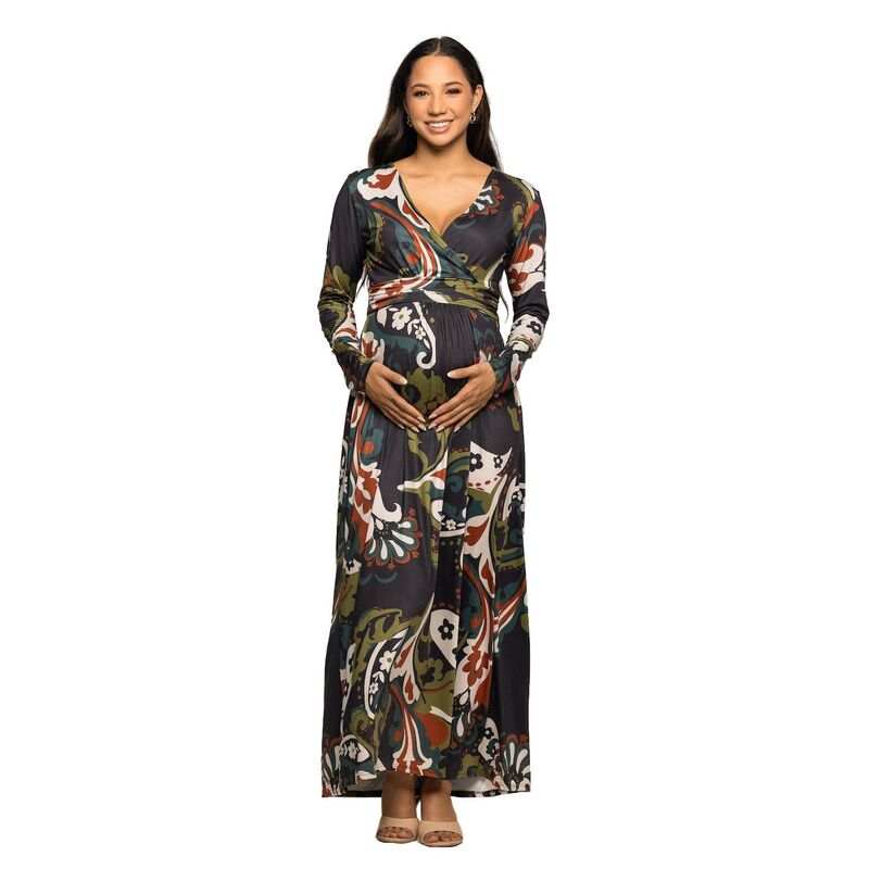 24 セブンコンフォート レディース トップス 衣装 マタニティ マキシ Maternity 24Seven Comfort Apparelong Sleeve Wrap Maxi Dress Green Multi 緑であること ワンピース-レディースファッション