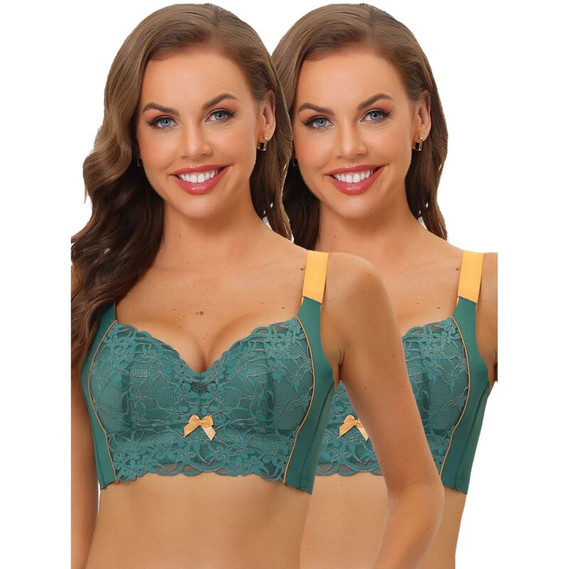 アレグラ ケー レディース アンダーウェア ブラジャー レース ALLEGRA K 2packs Women's Wide Straps High Back Padded Lace Push Up Full Coverage Bralette Dark Green グリーン