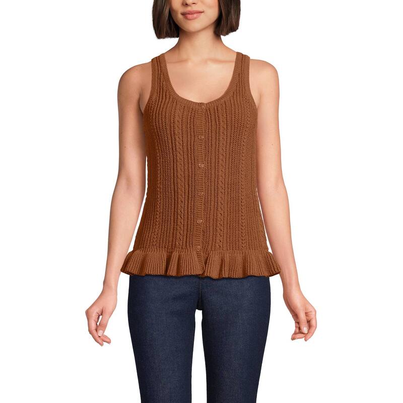 ランズエンド レディース アウター ニット・セーター フリル裾 フリル ノースリーブ Women's Lands' End Boucle Ruffle Hem Sleevelessweaterich Ginger Brown ブラウン