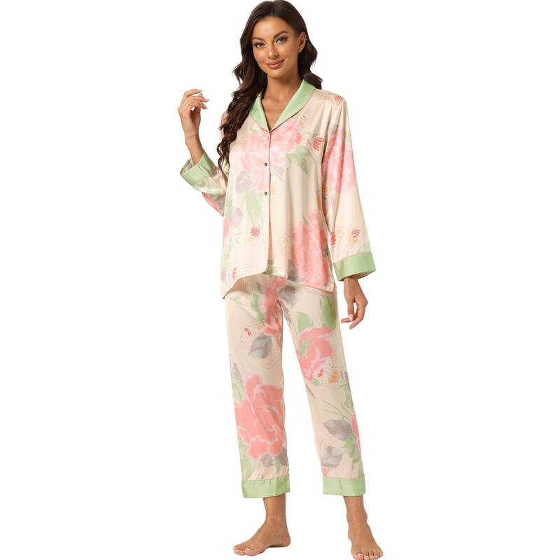 cheibear レディース アンダーウェア ナイトウェア ボタンダウン フラワー柄 シルク ダウン フラワー cheibear Women's Pajamas Floral Button Down Silk Lounge Sets Pink ピンク