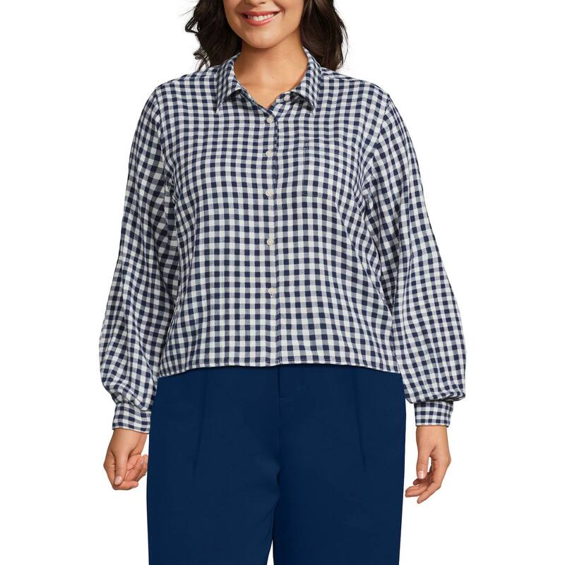 ランズエンド レディース トップス Tシャツ プラスサイズ クロップド Plusize Lands' End Cropped Flannel Shirt Sea Ivory Mini Check アイボリー