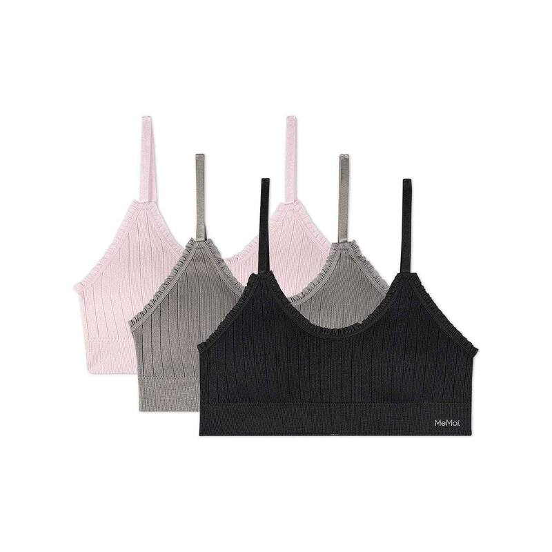 メモイ レディース アンダーウェア ブラジャー フリル MeMoi Women's 3 Pair Pack Seamless Ruffle Trim Bra Lilas Gray Black ブラック｜ReVida 店
