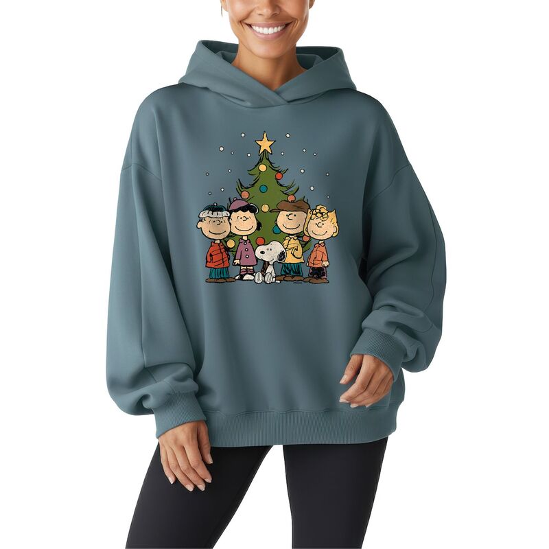 アニメキャラクター レディース トップス Tシャツ スウェット フリース パーカー Licensed Character Women's Peanuts Christmas Group Oversized Fleece Oversized Fleece Hoodie Sweatshirt Flint Blue ブルー