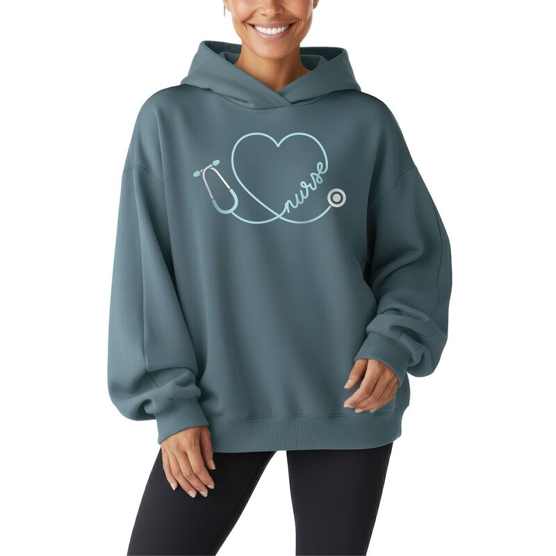 アニメキャラクター レディース トップス Tシャツ スウェット フリース パーカー Licensed Character Women's Nurse Heart Stethoscope Oversized Fleece Hoodie Sweatshirt Flint Blue ブルー