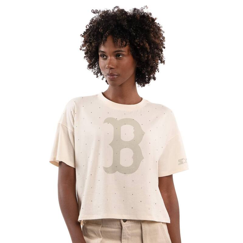 クランク レディース トップス ティーシャツ クロップド Women\u0027starter Cream Boston Red Sox Rhinestone Sprinkle Boxy Cropped T-Shirt Rsx Beige ベージュ レディースファッション-Tシャツ・カットソー-トップス
