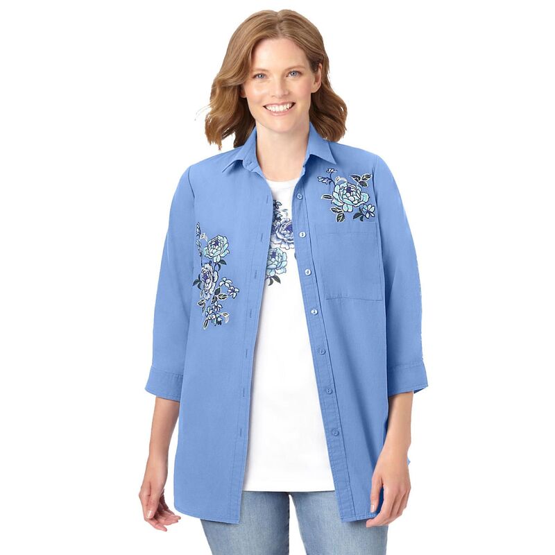 ウーマン ウィズイン レディース トップス Tシャツ プラスサイズ 刺繍 Woman Within Plusize 2-Piecembroidered Poplin Tunic And Tee Set French Blue Rose ブルー