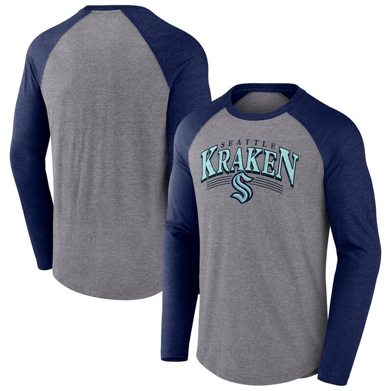 ファナティクス メンズ トップス Tシャツ Men's Fanatics Heather Gray/Heather Deep Sea Blue Seattle Kraken Goal Crease Raglan Tri-Blend Long Sleeve T-Shirt Krk Grey グレー