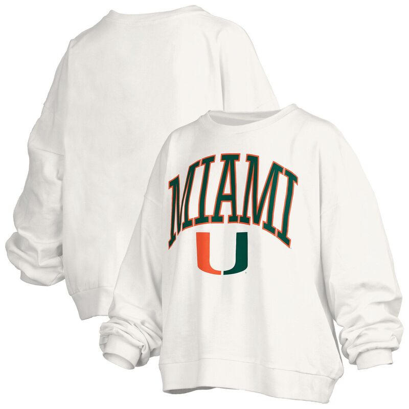 押し付けるボックス席 レディース トップス プルオーバー 流汗 ロゴタイプ Women\u0027s Pressbox White Miami Hurricanes Janise Arch Over Logo Waist Length Oversized Pullover Sweatshirt Mia White 白いこと