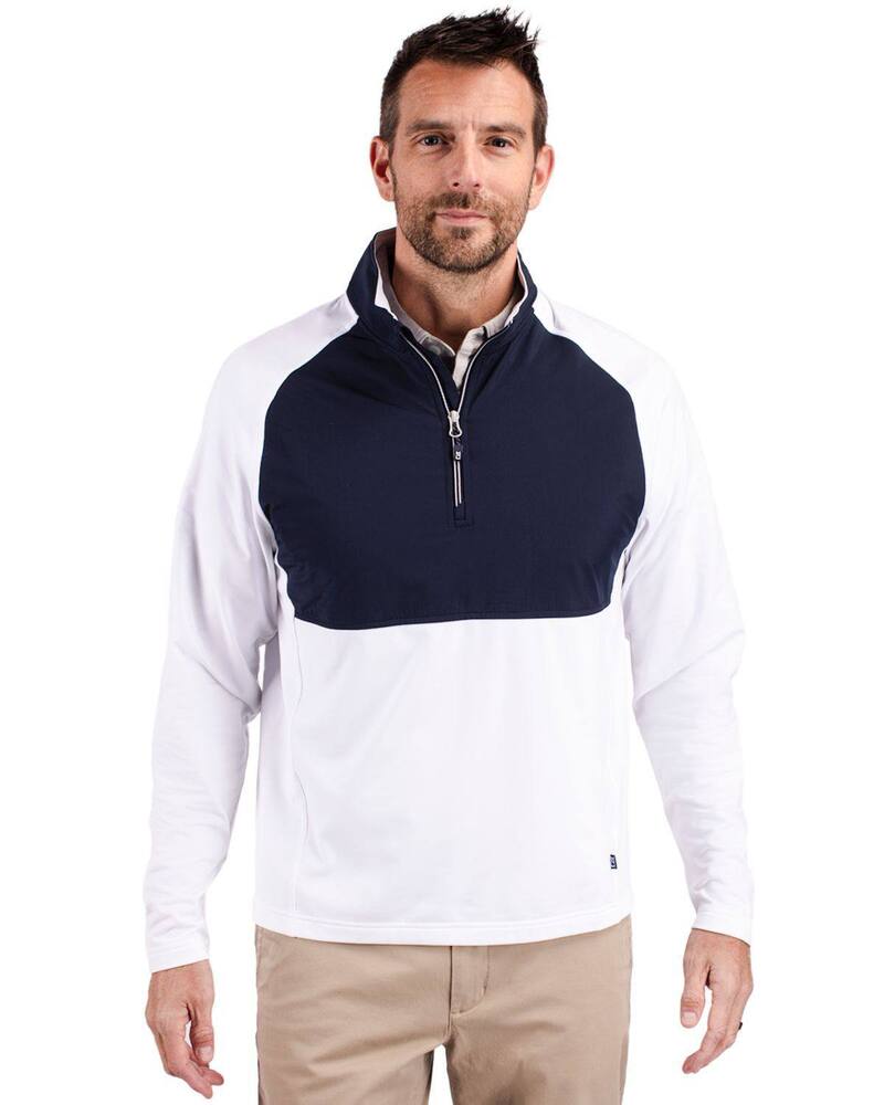 カッターアンドバック メンズ アウター ジャケット・ブルゾン ハーフジップ ニット Cutter \u0026 Buck Adapt Knit Hybrid Recycled Mens Quarter Zip White Navy Blue ホワイト