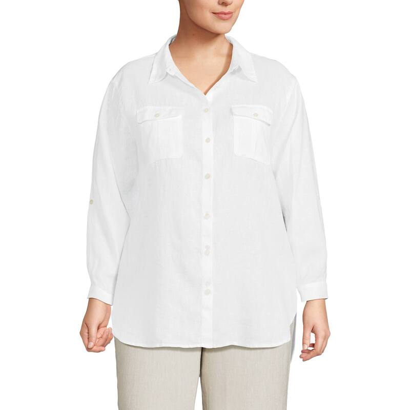 ランズエンド レディース トップス Tシャツ プラスサイズ リネン Plusize Lands' End Linen Roll Sleeve Relaxed Tunic Top White ホワイト
